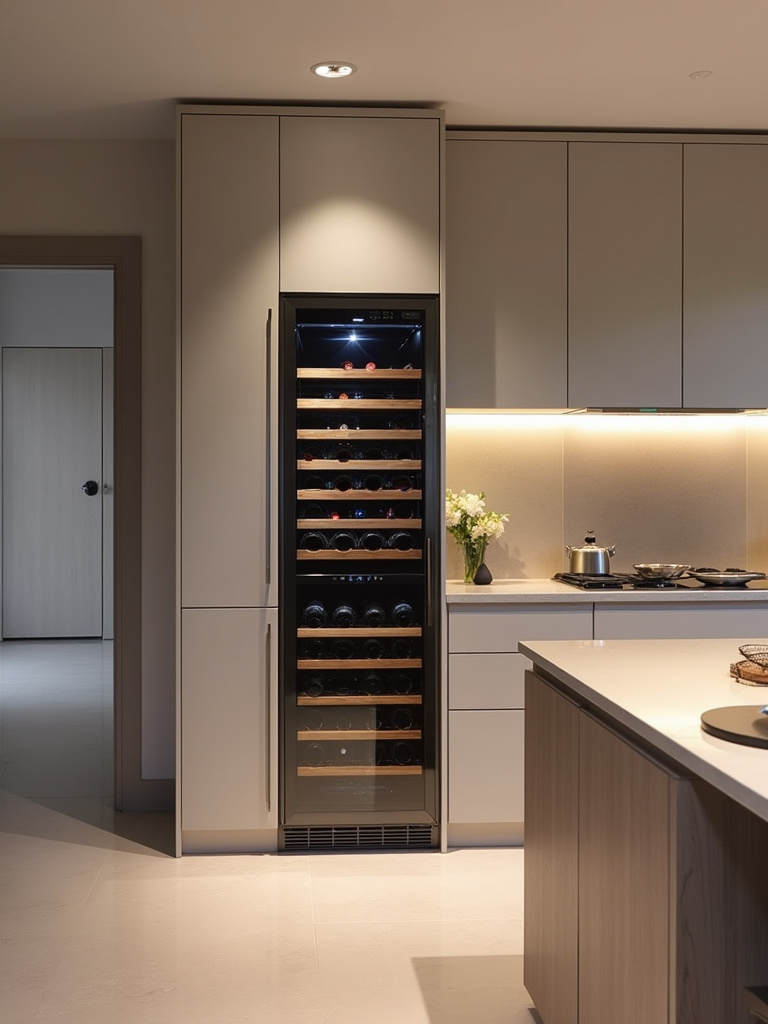 Modern luxury kitchen with a sleek, integrated wine refrigerator with a glass door to display the bottles.