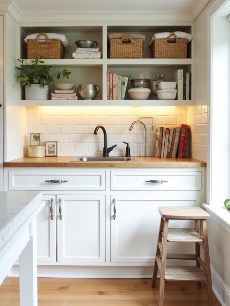 Small kitchen design idea: Utilizing space above cabinets for storage and decor.