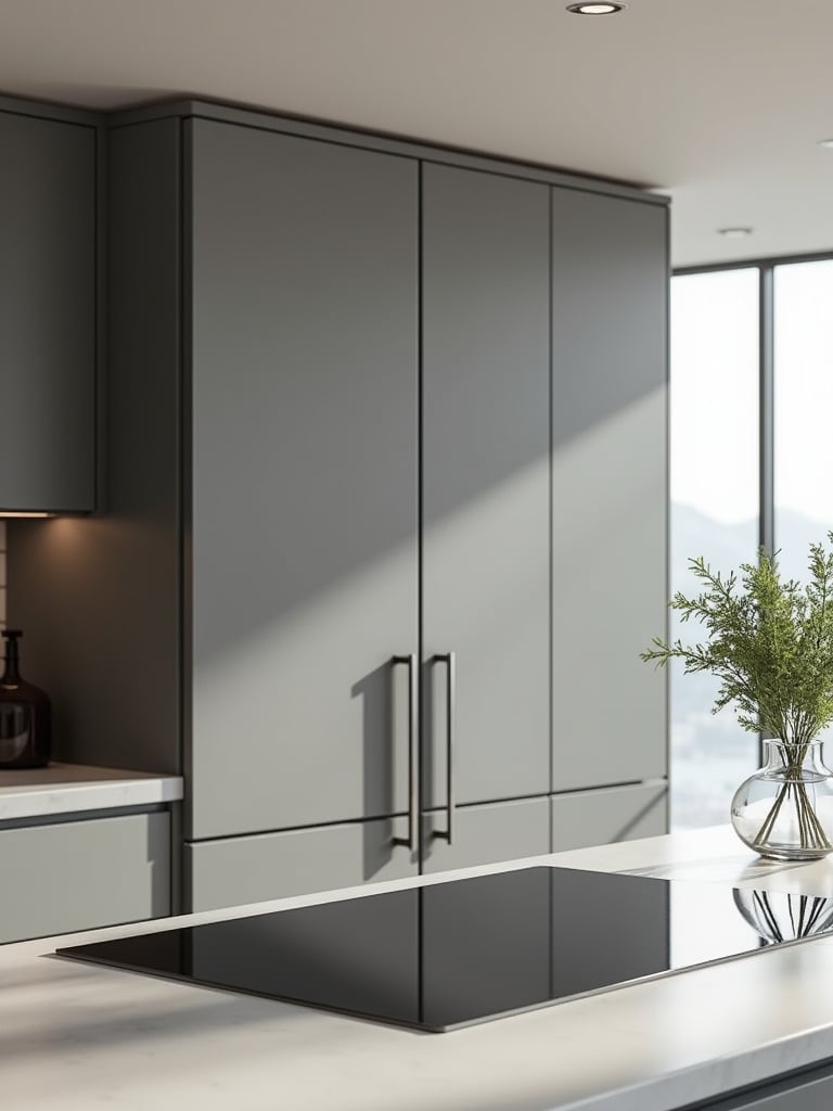 Seamless contemporary kitchen with integrated refrigerator and cooktop