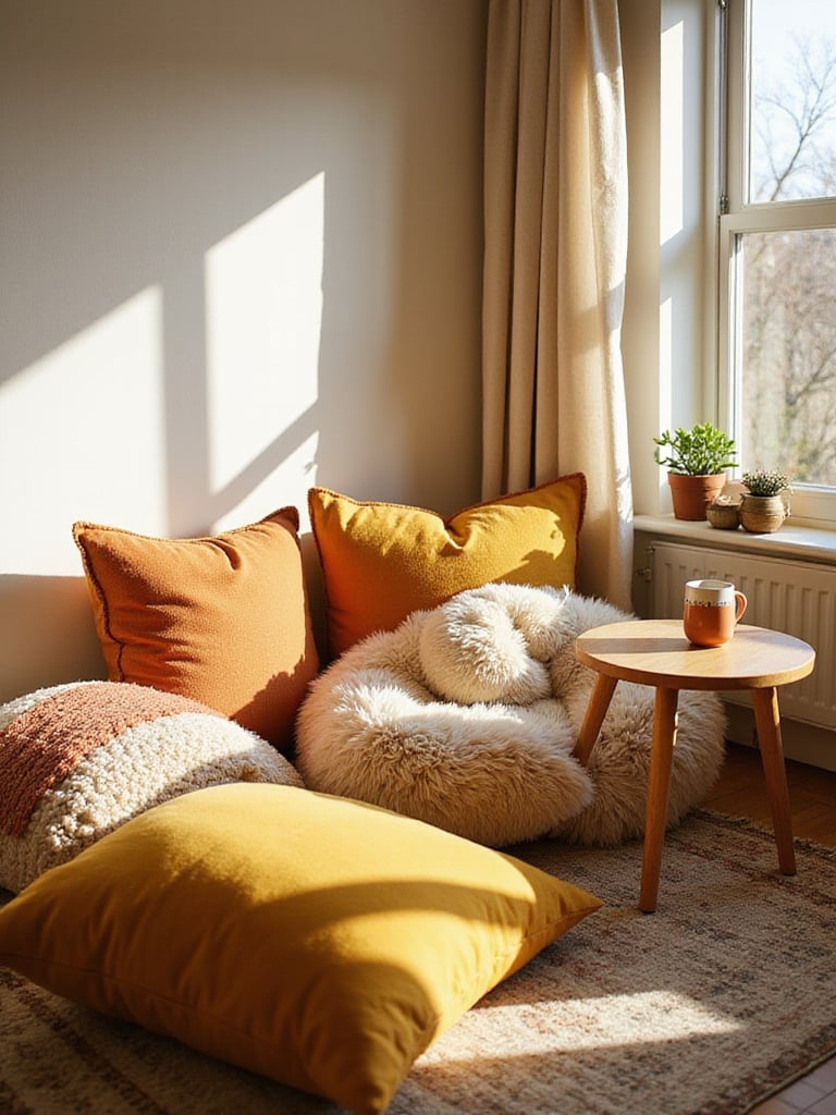 Cozy bedroom corner with floor cushions for casual seating.