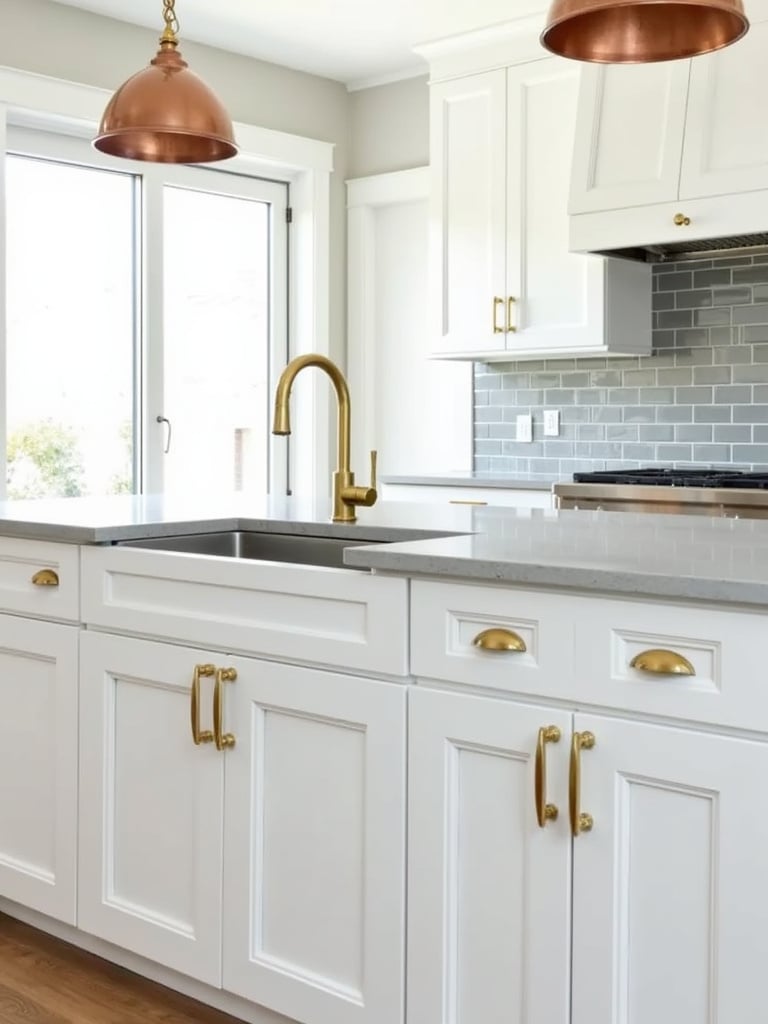 Contemporary kitchen with white cabinets, brass hardware, and copper pendant lights.