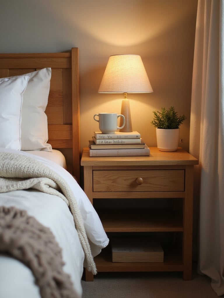 Cozy bedroom with a wooden bedside table featuring a lamp, books, mug, and succulent.