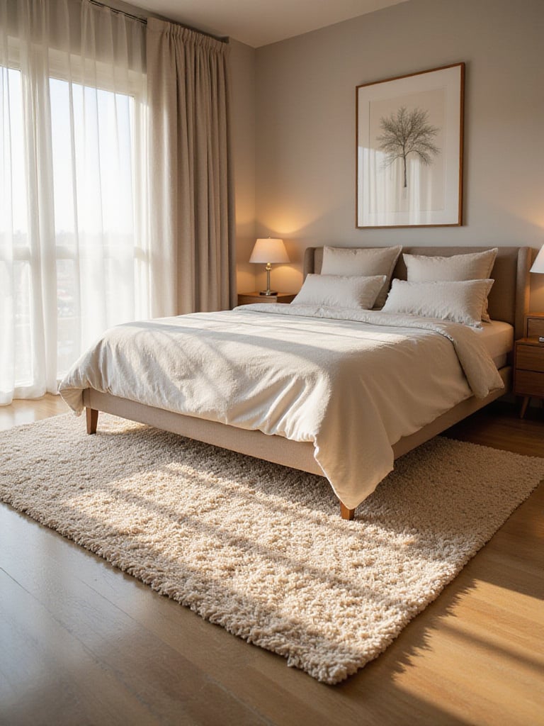 Cozy bedroom with a plush cream-colored shag rug under a king-sized bed.