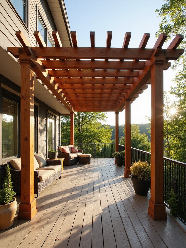 Deck with wooden pergola providing shade and architectural interest