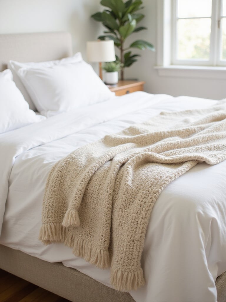 Cozy bedroom with white linen bedding and a chunky knit throw blanket draped over the corner of the bed.