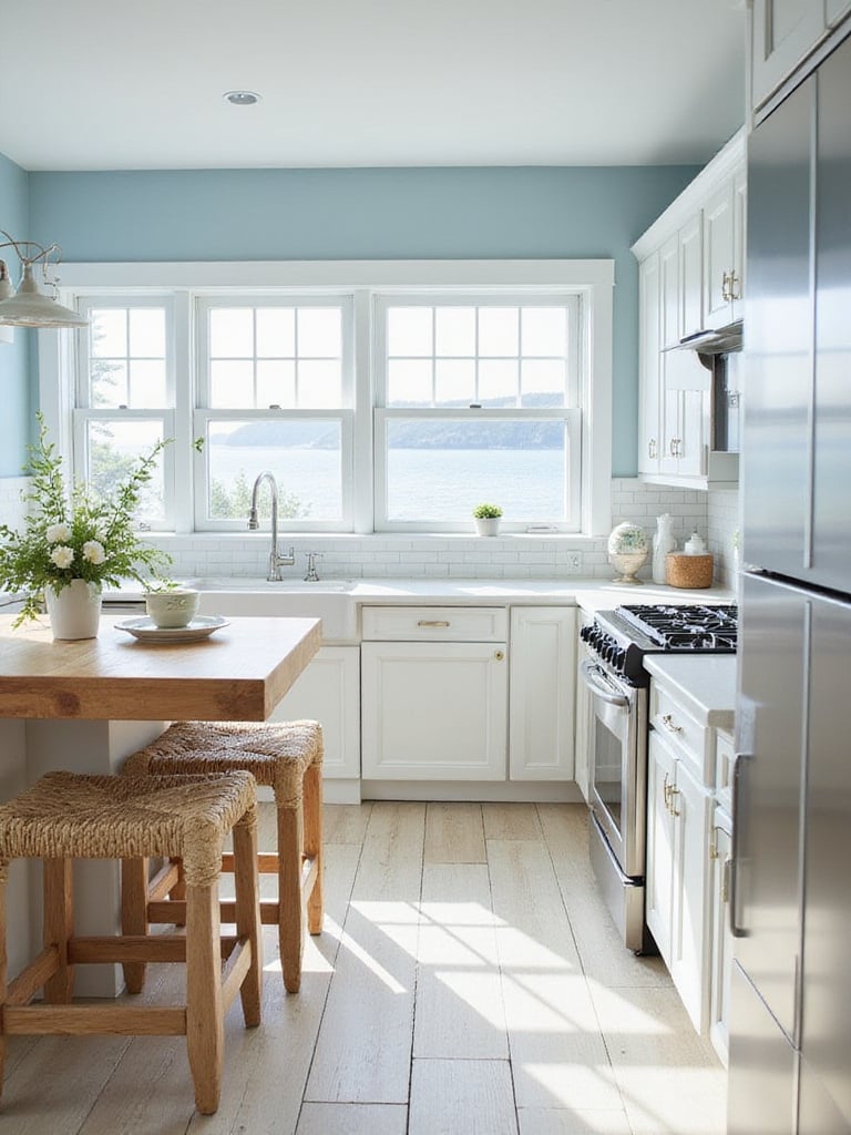 Light blue kitchen with white cabinets and coastal decor