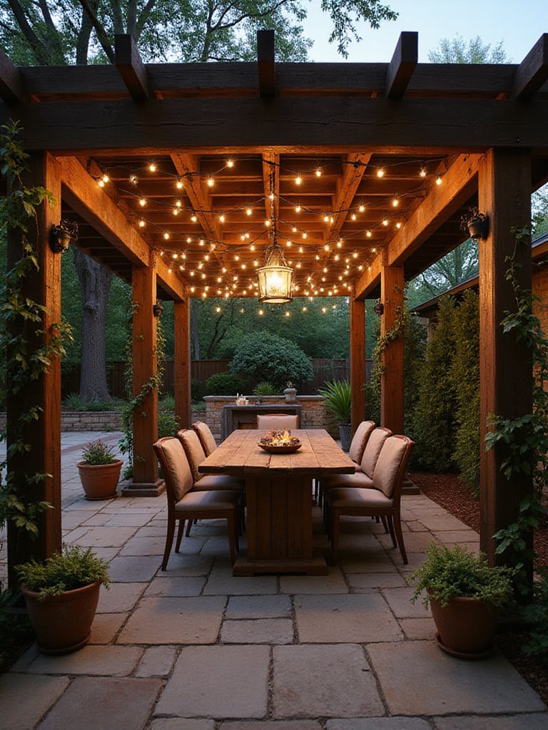 Patio pergola covering a dining table with string lights and potted plants, creating a warm and inviting outdoor dining space.