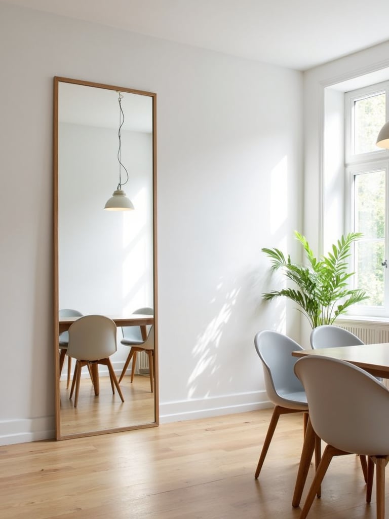 Dining room with large mirror reflecting light and space