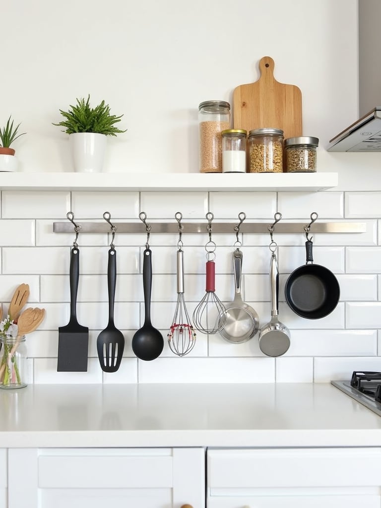 Small kitchen backsplash with utensil rail, spice shelves, and magnetic knife strip for maximized storage