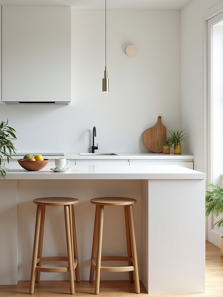 Small kitchen with peninsula bar and modern bar stools for compact dining