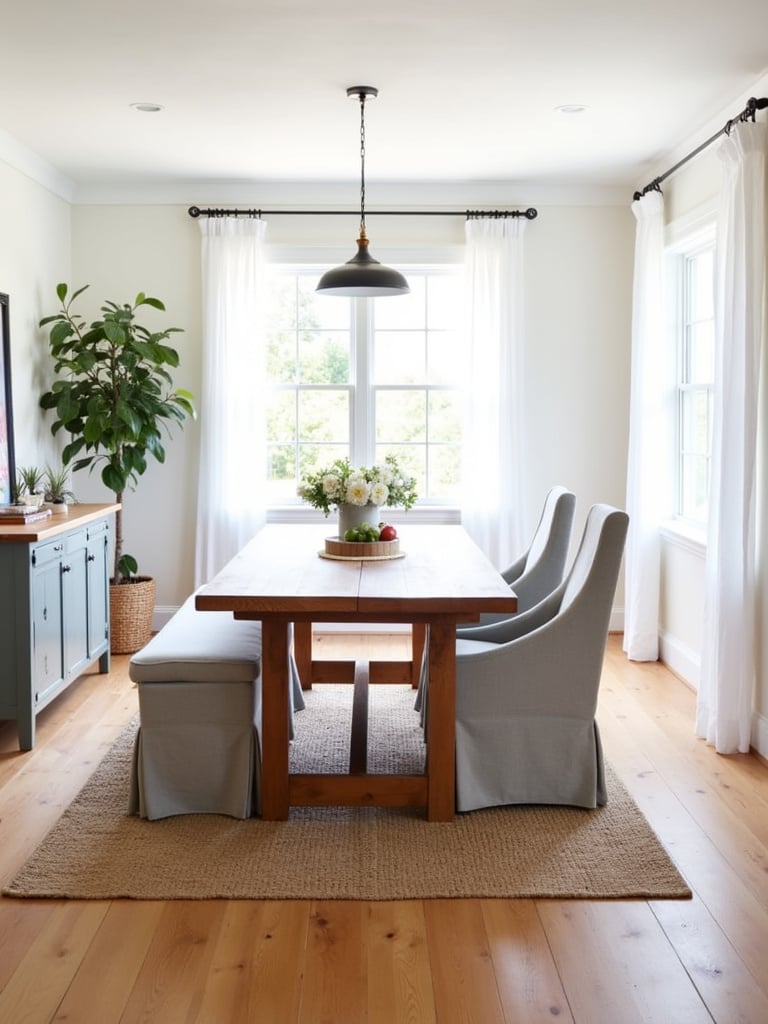 Dining room with a wooden table, upholstered bench seating, and chairs creating a modern farmhouse aesthetic.