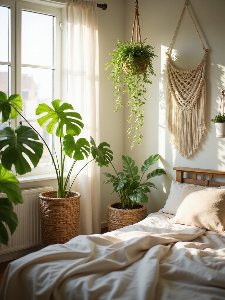 Cozy bedroom filled with natural light and indoor plants creating a relaxing atmosphere