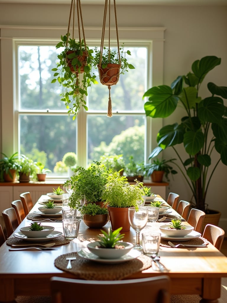 Dining room with plants, creating a natural and inviting atmosphere