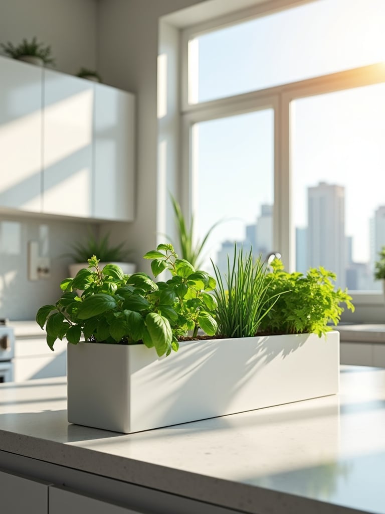 Contemporary kitchen with indoor herb garden on countertop.