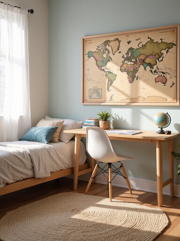 Teen girl's bedroom with travel-themed decor, including a world map and vintage suitcase.