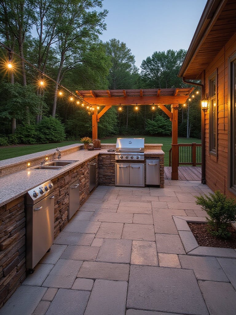 Outdoor kitchen on composite deck with grill, granite countertops, and pergola.