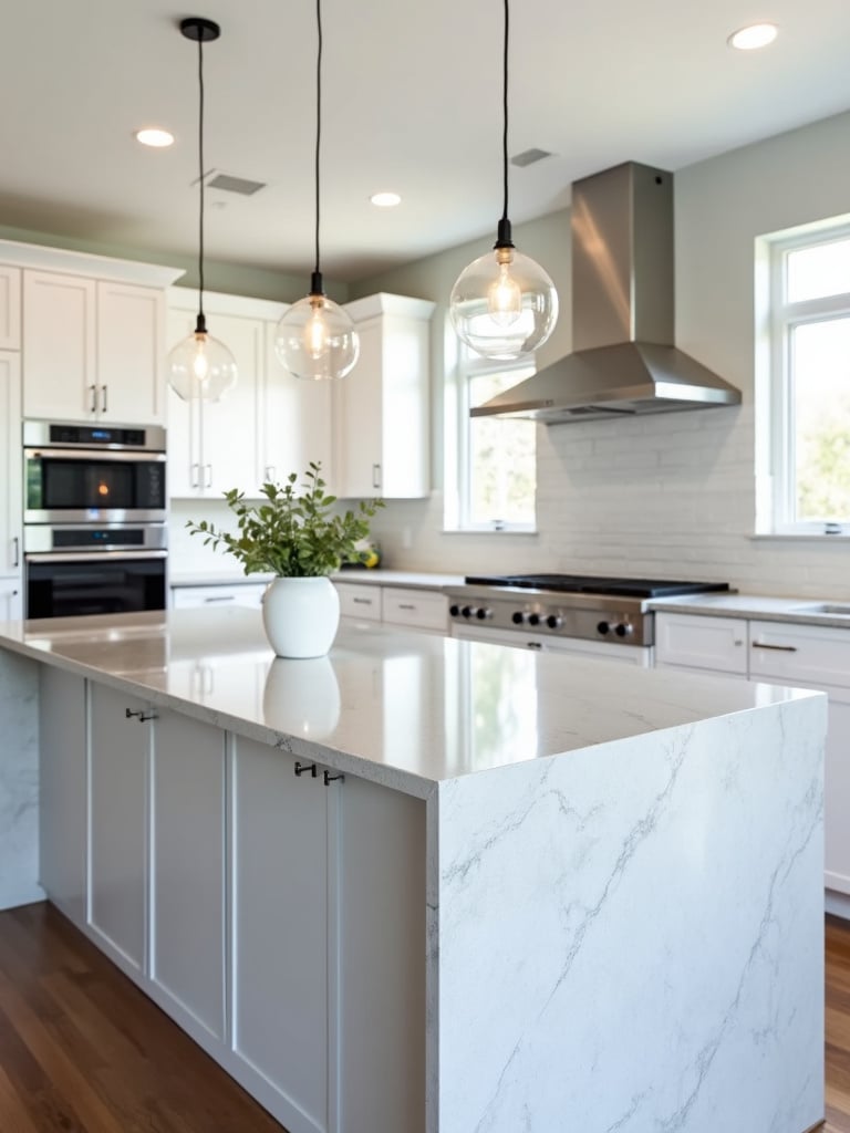 Contemporary kitchen with light grey quartz countertops and waterfall edge