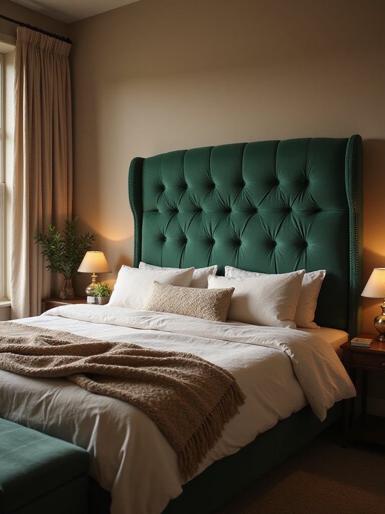 Cozy bedroom with a plush emerald green velvet tufted headboard.