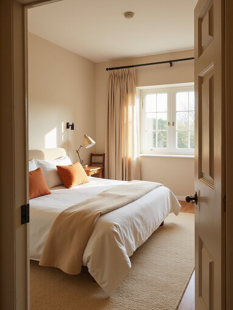 Cozy bedroom with warm beige and terracotta color palette