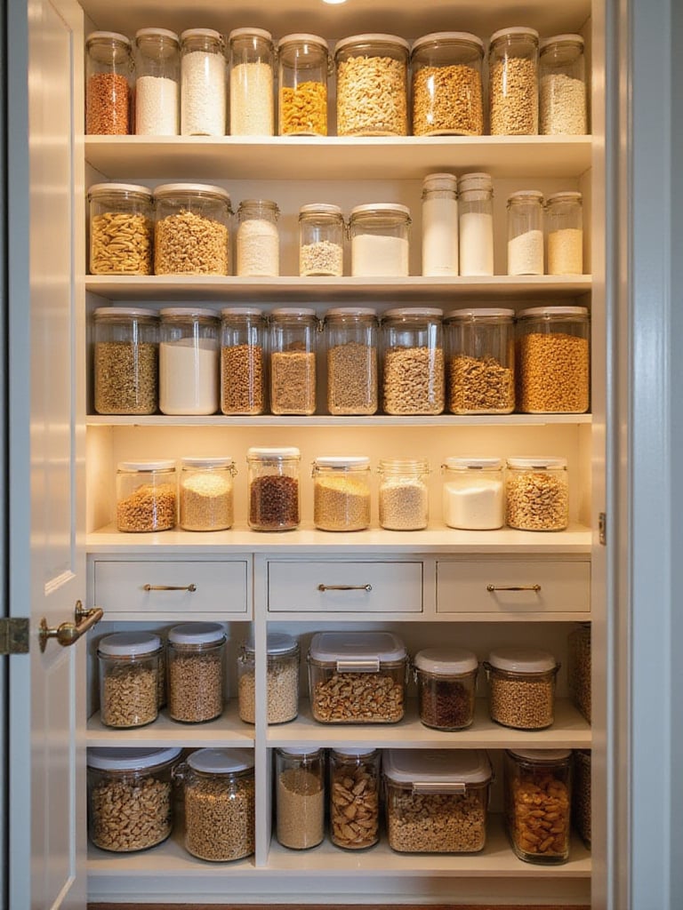 Organized pantry with clear food storage containers.