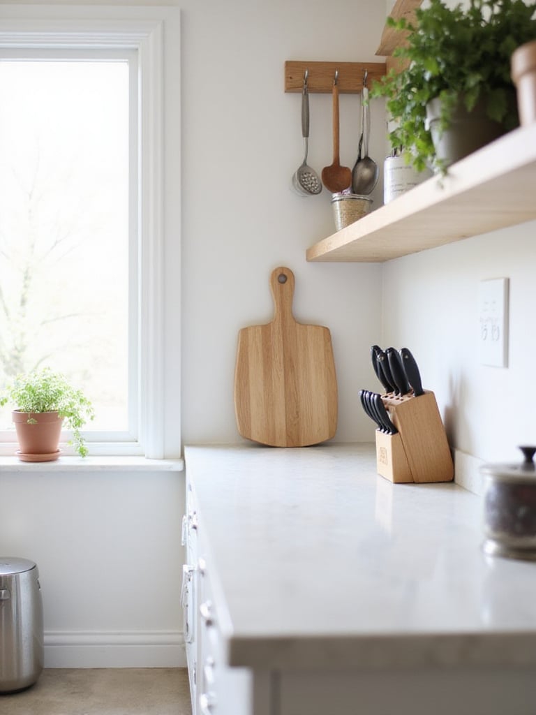Clean, uncluttered kitchen countertop with minimal essential items, maximizing space and light.