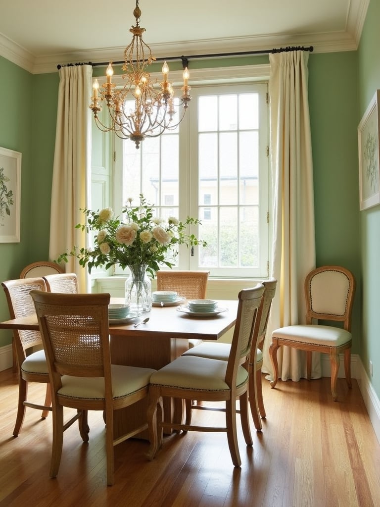 Dining room design featuring a harmonious sage green color palette.