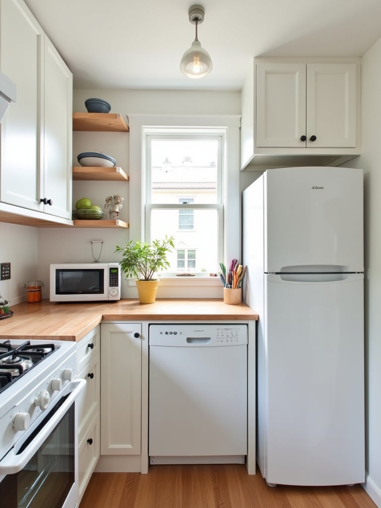 Small kitchen with space-saving appliances: counter-depth refrigerator, slimline dishwasher, compact oven and microwave.