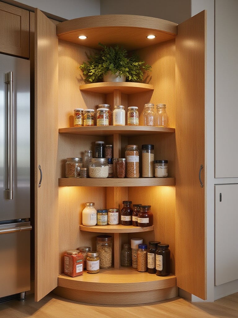 Two-tiered Lazy Susan inside a corner kitchen cabinet, filled with organized pantry staples.