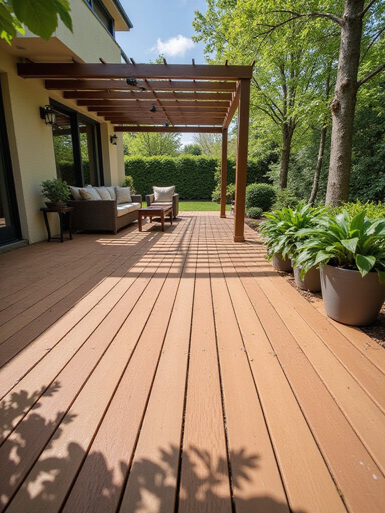 Decking tiles creating a beautiful and easy-to-install patio surface.
