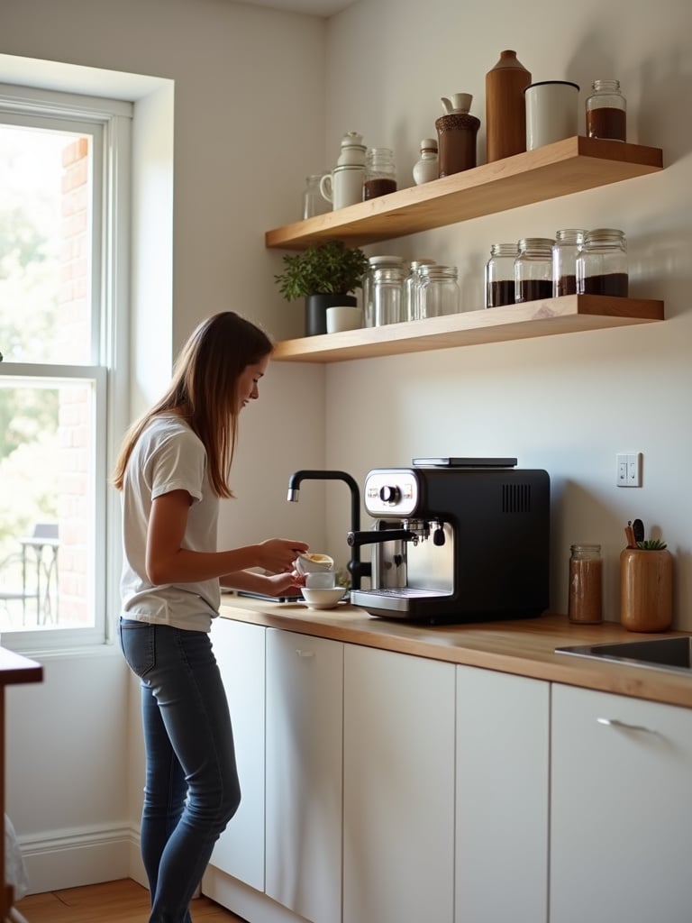 Contemporary kitchen with a dedicated coffee bar featuring light wood cabinetry and a modern espresso machine.