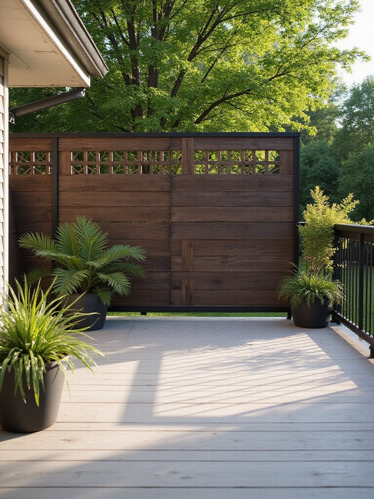 Modern deck with dark wood privacy screen and potted plants