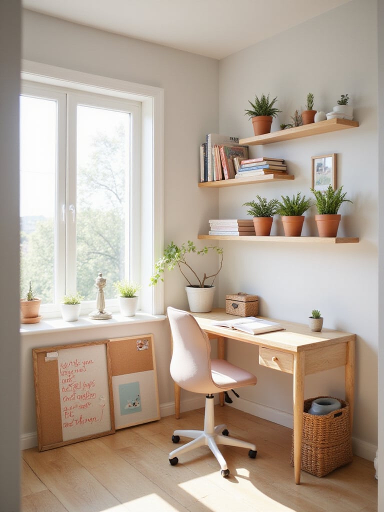 Stylish and productive study desk area in a teen girl's bedroom.