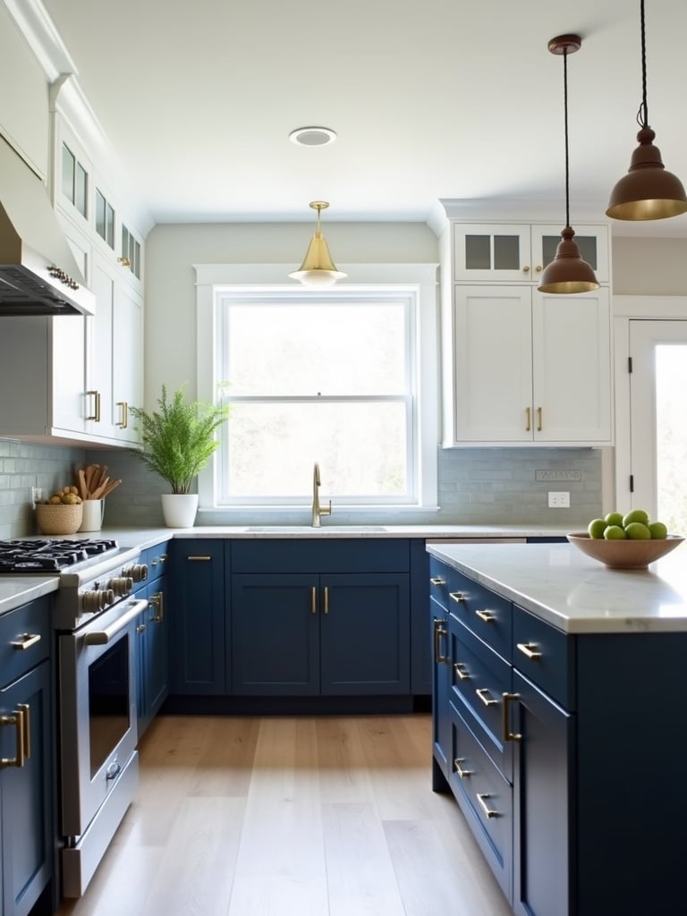 Contemporary kitchen with two-tone navy blue and white cabinets