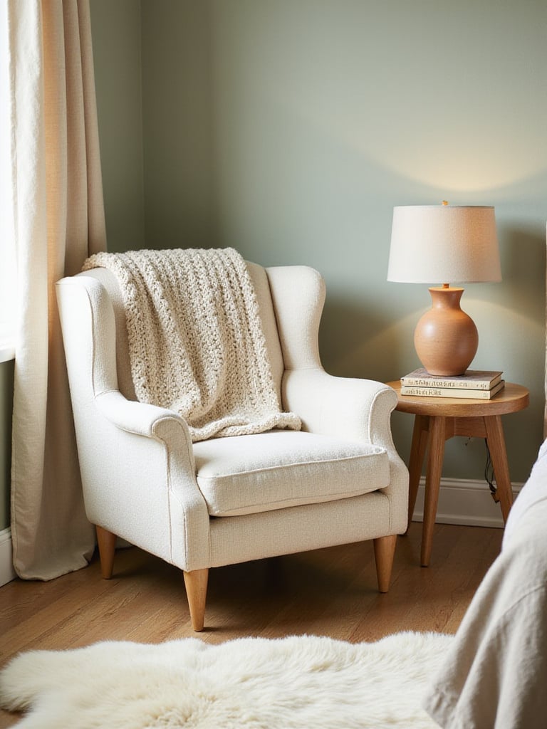 Cozy bedroom corner with armchair, throw blanket, lamp, and rug