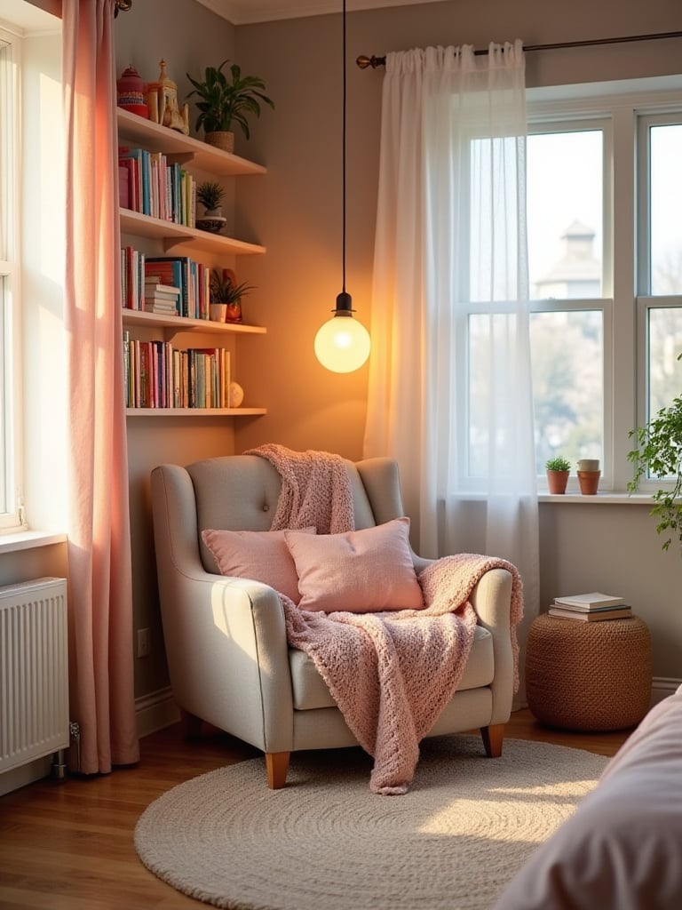 Cozy reading nook in a teen girl's bedroom with armchair, bookshelf, and soft lighting