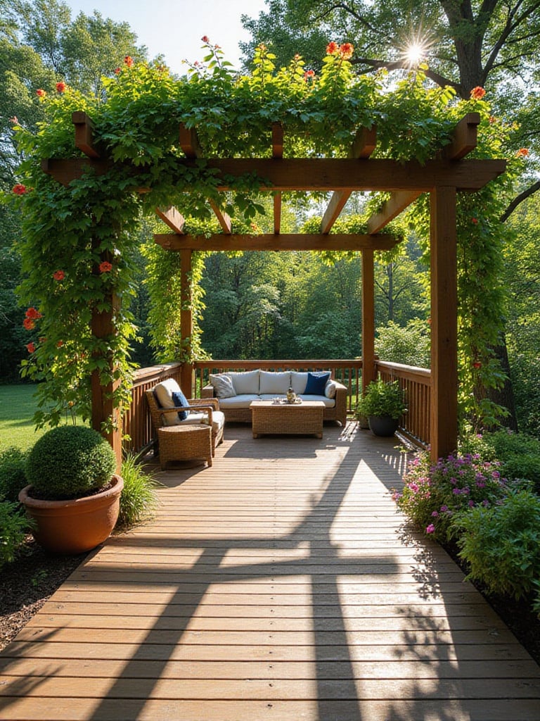 Deck with pergola covered in climbing plants creating a green canopy