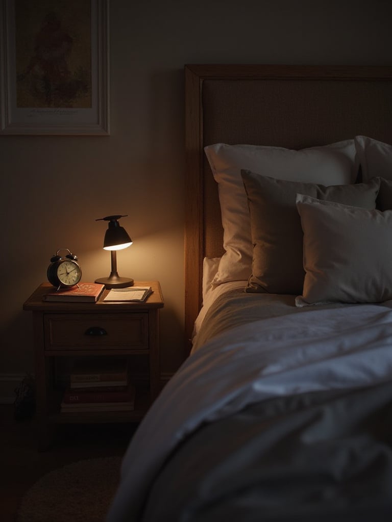 Cozy bedroom with soft lighting, a comfortable bed, books, and an alarm clock, emphasizing a tech-free sleep environment.