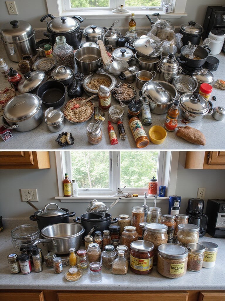 Cluttered vs. Organized Kitchen Countertop: Emphasizing the importance of decluttering before organizing.