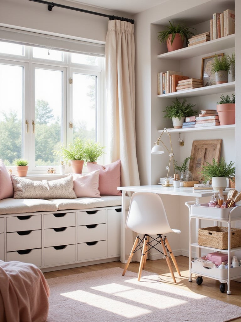 Teen girl's bedroom featuring smart storage solutions like a window seat with storage, open shelving, and a rolling cart.