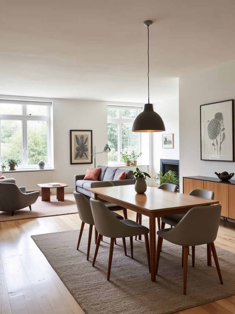 Defined dining area in open-plan home with rug, sideboard, and pendant light.