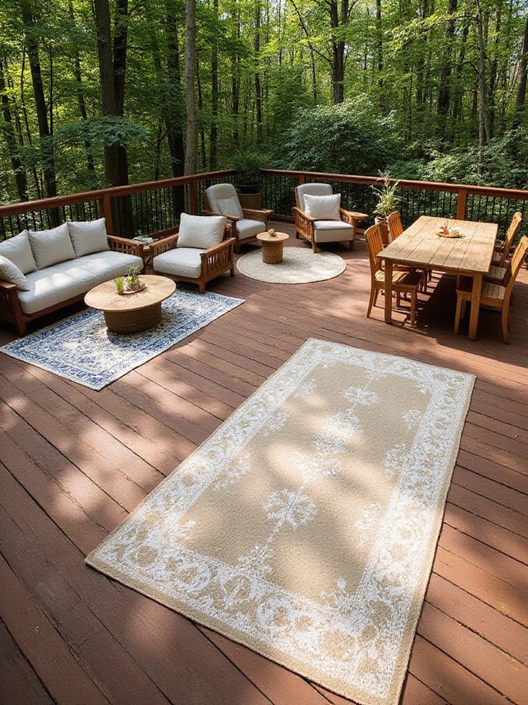 Outdoor deck with dining and lounge zones defined by colorful outdoor rugs.
