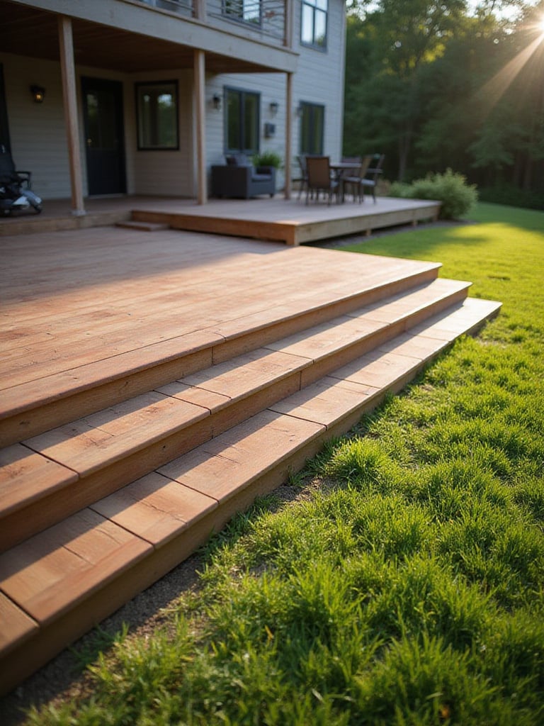 Deck with integrated steps and landing transitioning to lawn