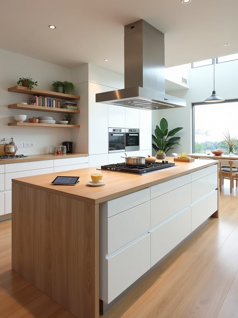 Contemporary kitchen featuring a large, multi-functional island with cooktop, seating, and storage, serving as the kitchen's command center.