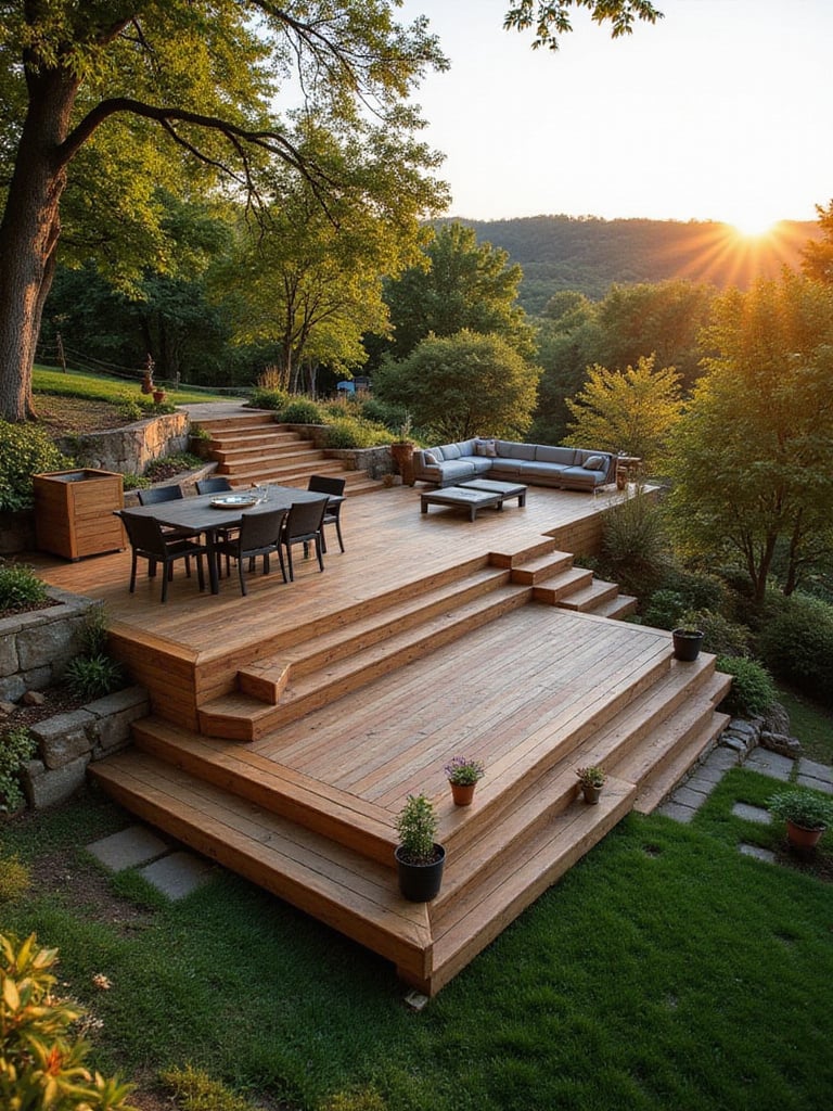 Multi-level wood deck on a sloping garden with dining, lounge, and gardening areas.