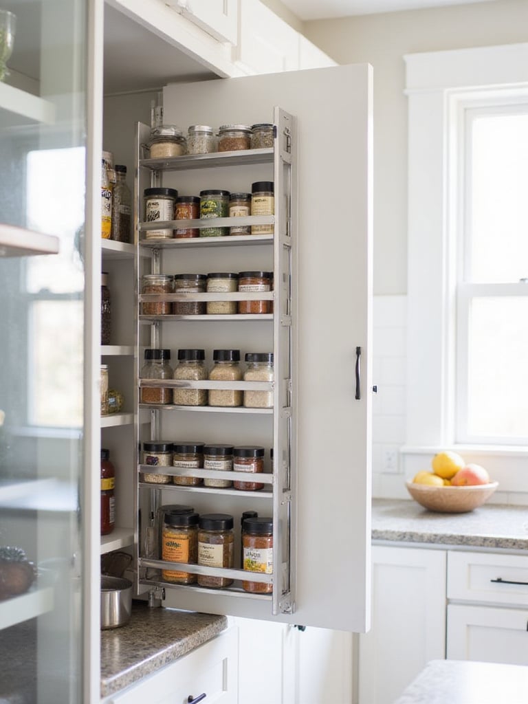 Door-mounted spice rack inside a kitchen cabinet, showcasing efficient storage.