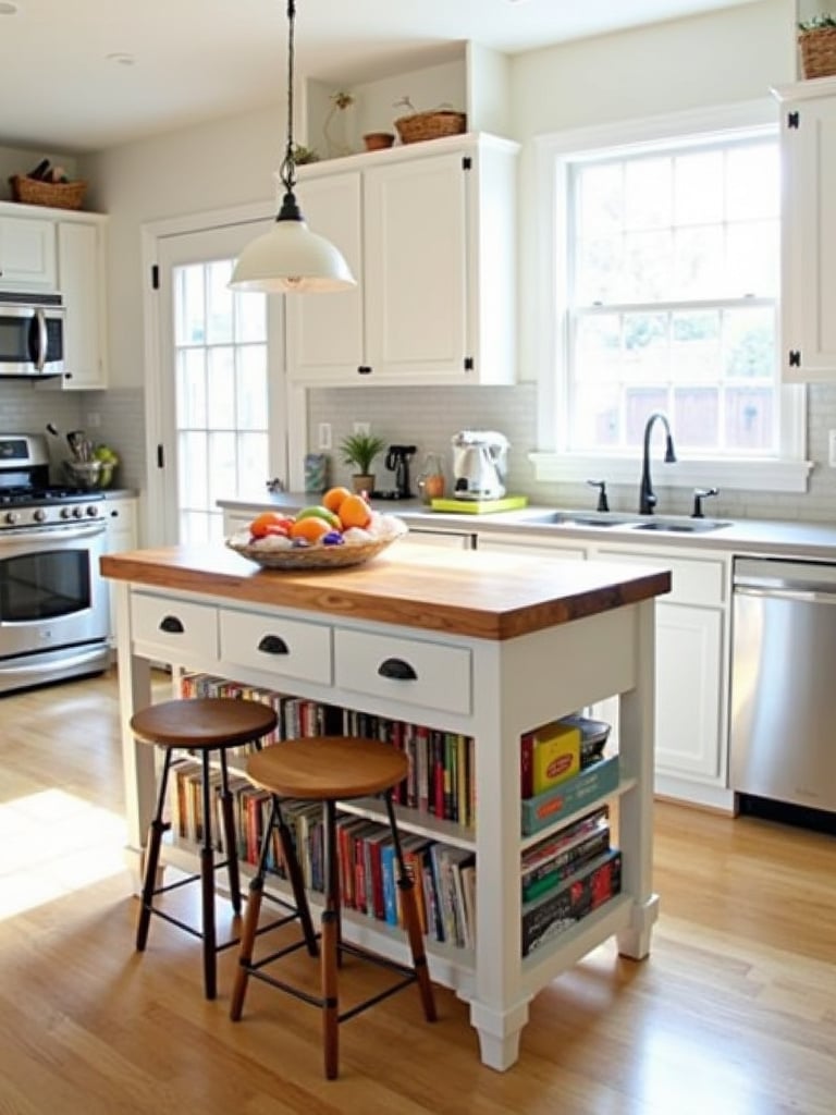 Small kitchen featuring a multi-functional island with storage and seating.