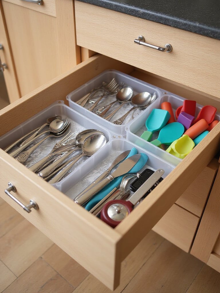 Kitchen drawer with clear acrylic dividers organizing utensils and gadgets.