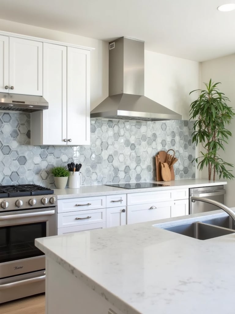 Contemporary kitchen with a geometric hexagon tile backsplash in gray and white.