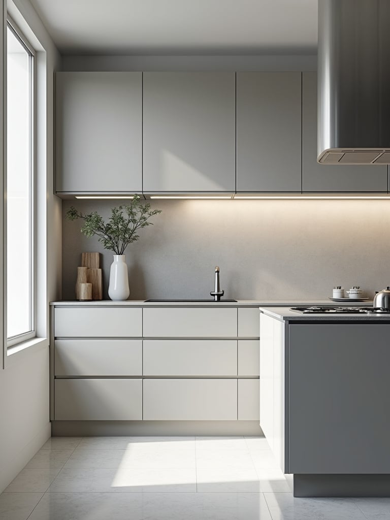 Sleek matte gray handleless cabinets in a modern kitchen