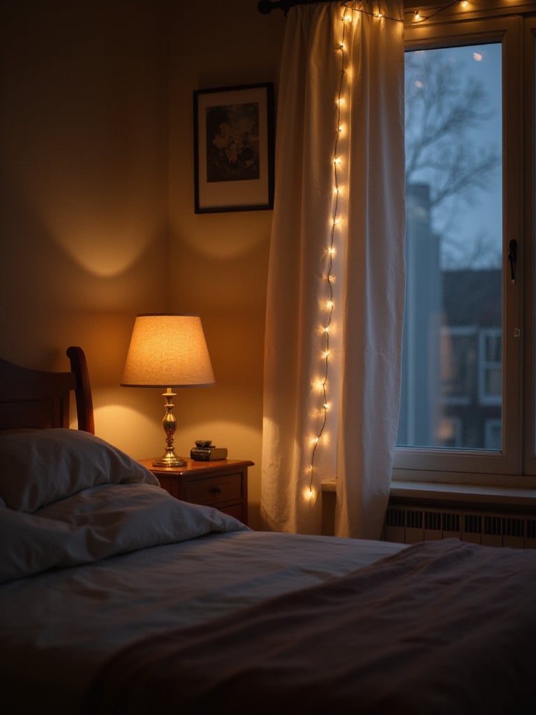 Cozy bedroom with warm lighting from dimmable lamps and string lights.